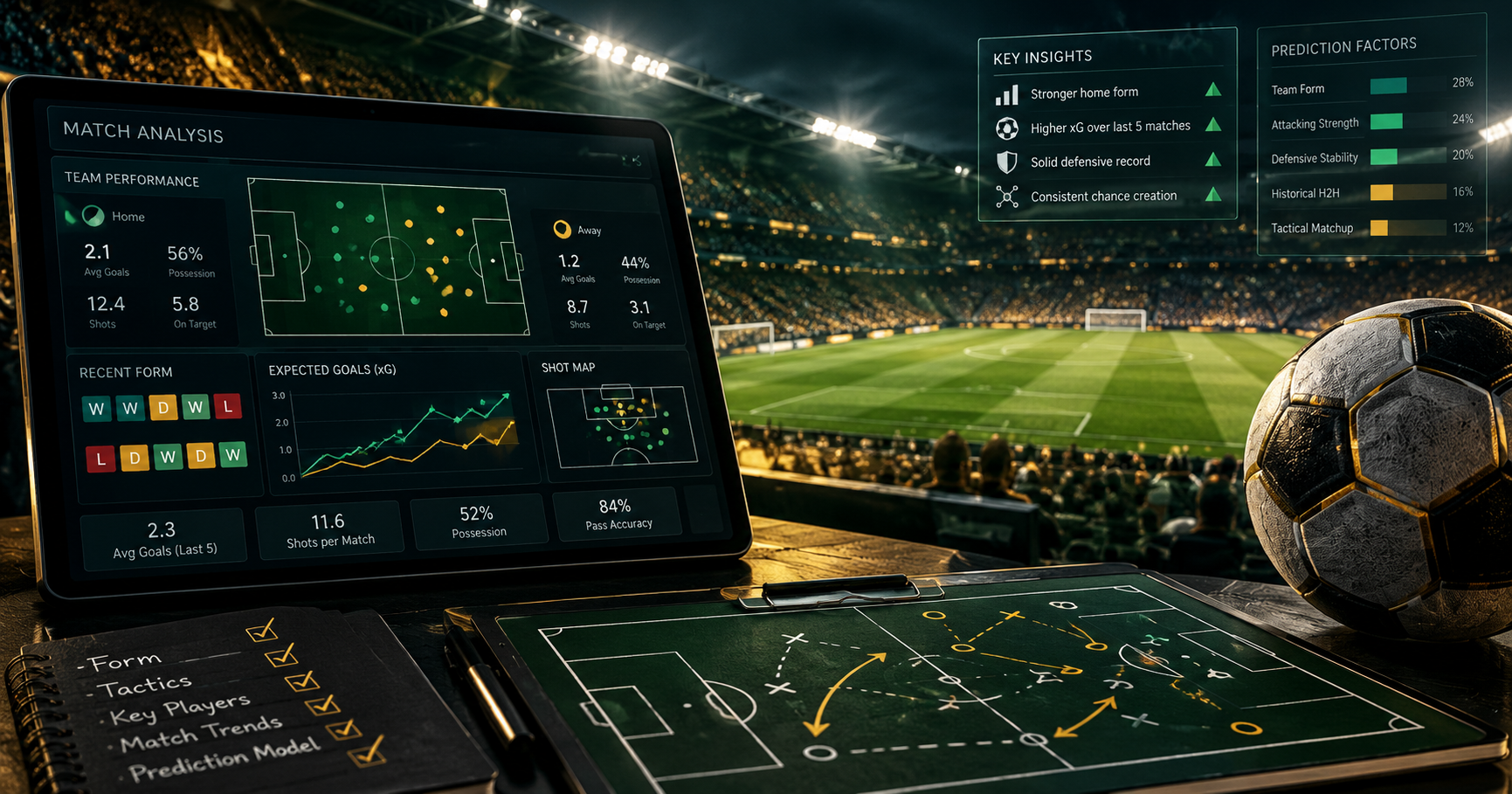 Football match analysis dashboard showing team statistics, expected goals (xG), tactical formations and prediction factors