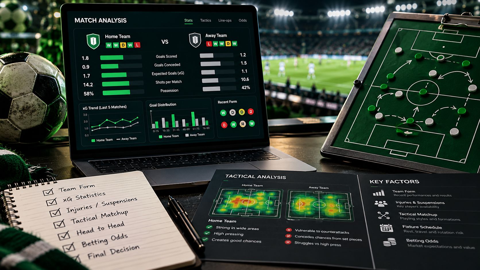 Football match analysis with tactical formations, team statistics, expected goals and pre-match research