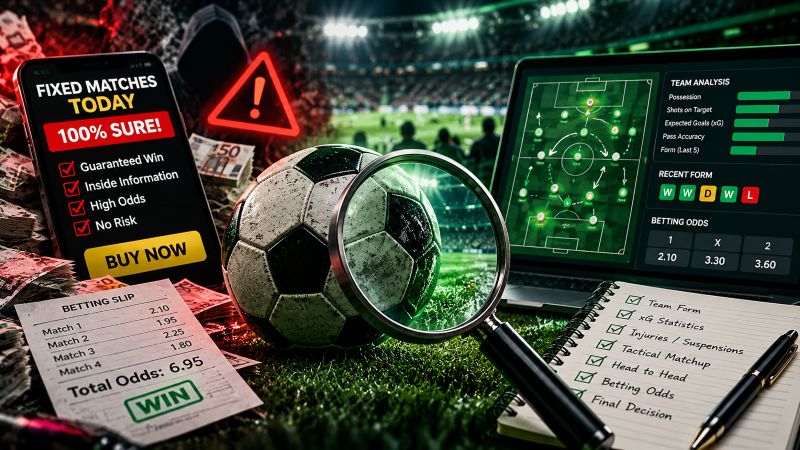 Football match analysis and betting odds illustrating the risks of fixed matches and guaranteed prediction claims